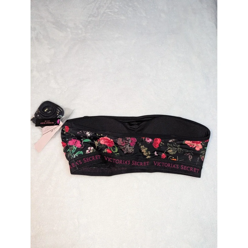 Victoria's Secret Swim Floral Bandeau Bikini Top Logo Band Black Multi M NWT‎
